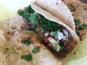 corn tortilla, asada, onions, cilantro